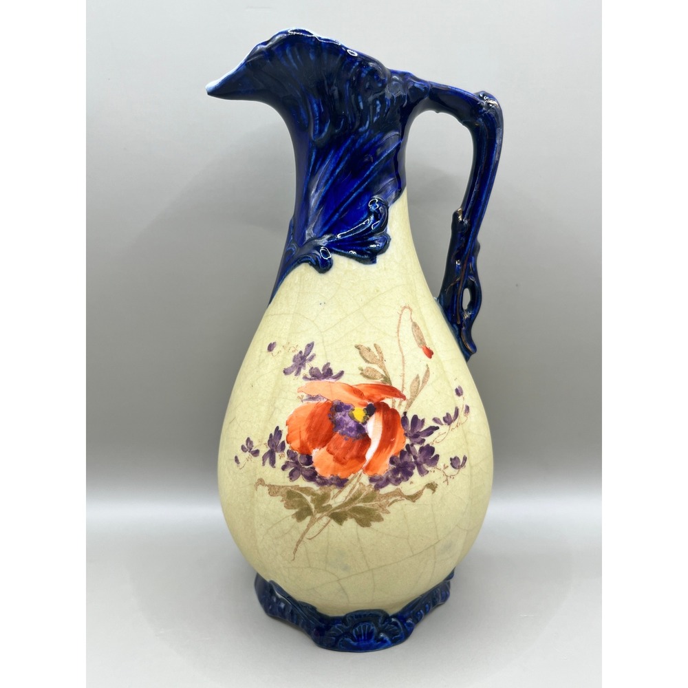 Vtg Cobalt Blue Hand Painted Floral Crackle Glaze Ceramic Pitcher 3825 7.5" Ewer